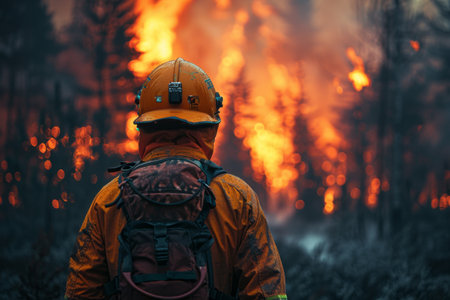 Firefighter fighting a fire in the forest. Firefighters fighting a fire.の素材