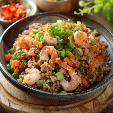 Spicy fried rice with shrimps and vegetables in a bowlの素材
