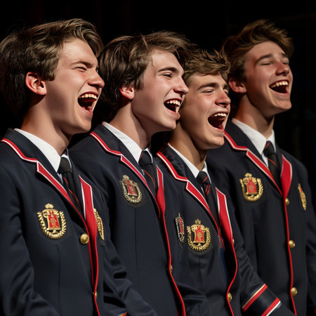 Group of young boys in school uniform laughing and looking at camera.の素材