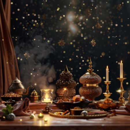 Eid Mubarak, Ramadan Kareem greeting card. Festive table setting with arabic lanterns, food and sweets. Muslim feast of the holy month of Ramadanの素材
