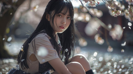 thai japanese teen beautiful girl in student uniform happy and relaxの素材