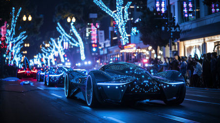 Futuristic black sports car in the city street at night time.の素材