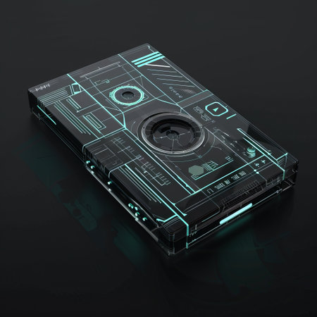 3d render of futuristic digital music player on black background with reflectionの素材
