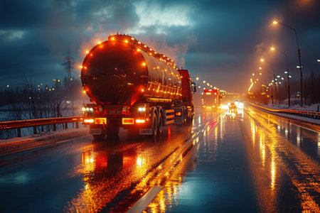 Truck with oil tank on the road at night. Concept of transportation of fuel.の素材