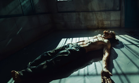 Man lying on the floor in a dark room with blinds.の素材
