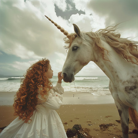 Beautiful bride with long curly hair and white unicorn on the beachの素材