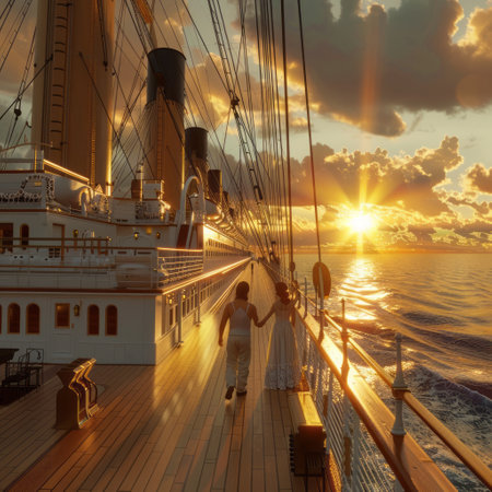 woman on the deck of a cruise ship at sunset. 3d renderingの素材