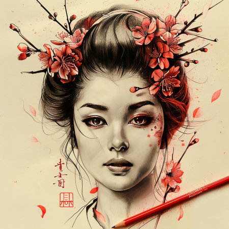 Beautiful asian woman with red flowers on her head and pencilの素材