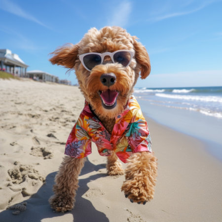 A cocker spaniel dog in a colorful jacket and sunglasses on the beach.の素材