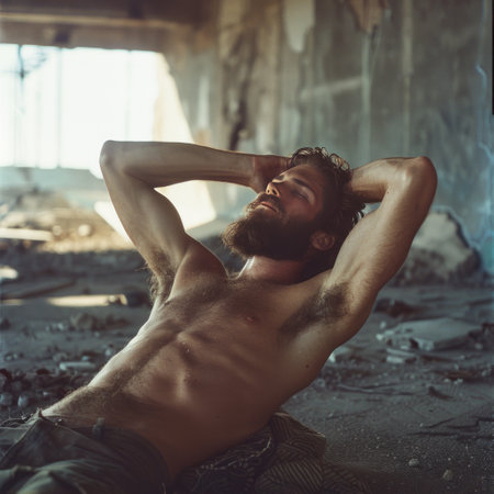 Portrait of a shirtless man lying on the floor in an abandoned buildingの素材
