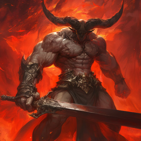 Fantasy illustration of a warrior with horns and a sword in the fireの素材