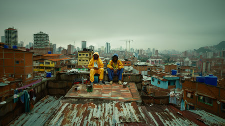 Man and woman sitting on the roof of a building in the cityの素材