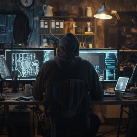 Back view of hacker in hoodie working on computer in dark roomの素材