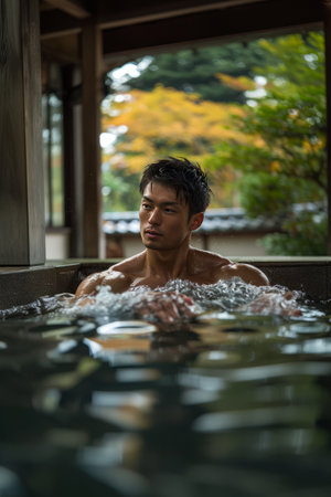 Portrait of young Asian man relaxing in hot tub at spa centerの素材