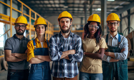 Portrait of confident factory workers in hardhats standing with arms crossedの素材
