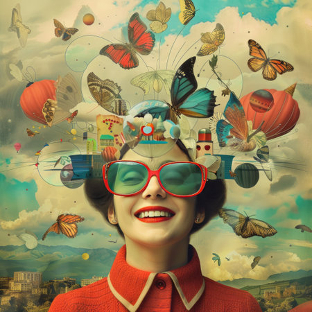 Funny woman with colorful butterfly on her head. Photo collage.の素材