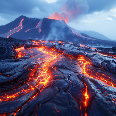 Volcanic eruption with lava flow in magma. 3d renderの素材