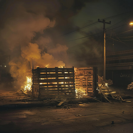 Burning wooden pallets on the street in the city at nightの素材