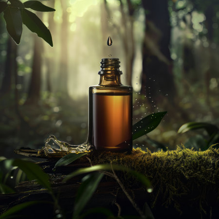 Essential oil in a glass bottle on a mossy stump in the forestの素材