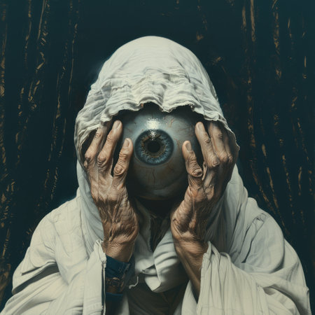 Horror man with an eye in a white cloak on a dark backgroundの素材