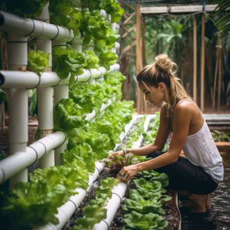 Young woman working in hydroponic farm. Organic vegetables growing in greenhouse.の素材
