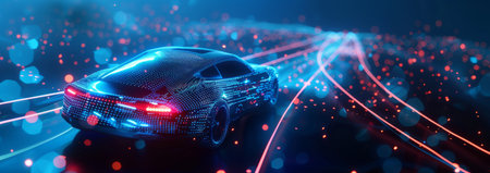 3D rendering of a blue car with neon lights on a dark backgroundの素材