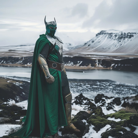 Beautiful fantasy warrior woman in green armor and helmet standing on the rocks.の素材