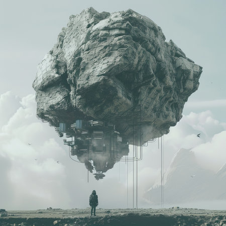 Surrealism and surrealism. Double exposure of a man standing on top of a big rock.の素材