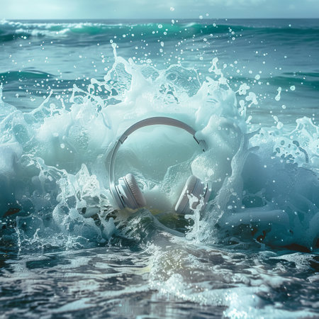 Digital composite of Headphones in water with splashes and sea backgroundの素材