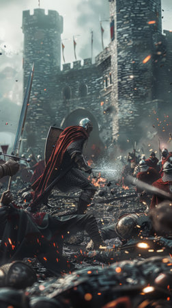Medieval battle scene with cavalry and infantry on the battlefield. Selective focusの素材