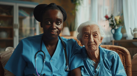 African american nurse with stethoscope and senior patient at homeの素材