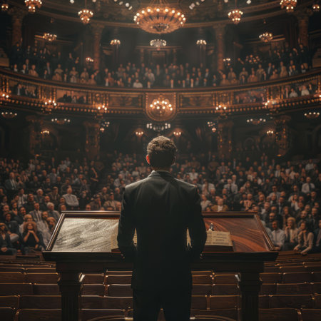 Rear view of a businessman standing in front of the audience at the conference hallの素材