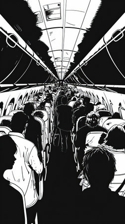 Passengers in the plane, vector illustration, black and white.の素材