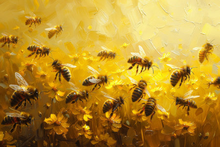 Honey bees collect nectar and pollen from yellow daisiesの素材