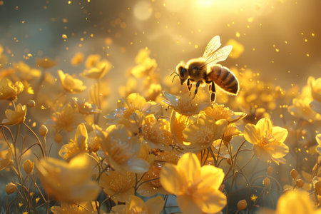 Bee on a flower in the meadow. Sunlight. Spring.の素材