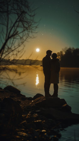 Silhouette of a loving couple on the shore of a lake at sunsetの素材