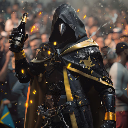 Cosplayer dressed as a medieval knight with a bottle of wineの素材