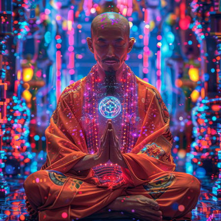 Unidentified buddhist monk meditating in the lotus position at Swayambhunath temple.の素材