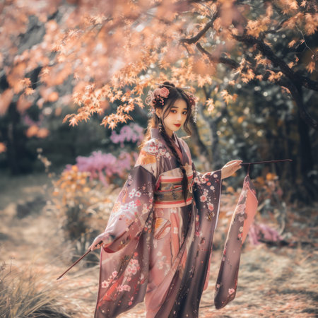 beautiful asian girl in traditional japanese kimonoの素材