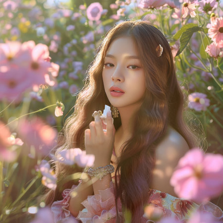 Portrait of a beautiful young woman in a field of pink flowersの素材