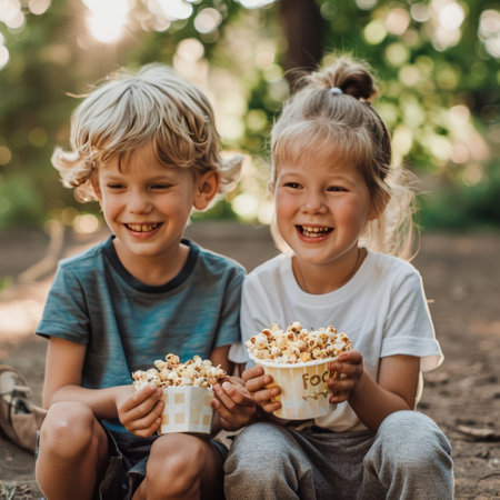 cute boy and girl eating popcorn and watching movie in the parkの素材