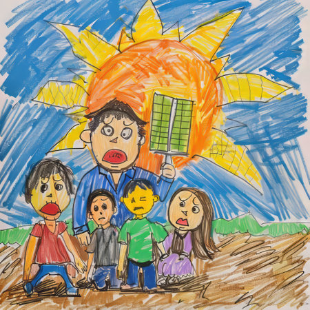 Children's drawing of a family on the background of a solar panelの素材