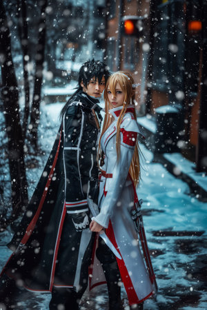 Beautiful young couple in love posing on a winter city street. Snowfall.の素材