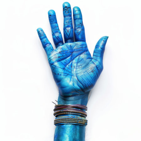 Hands of a man painted with blue paint on a white backgroundの素材