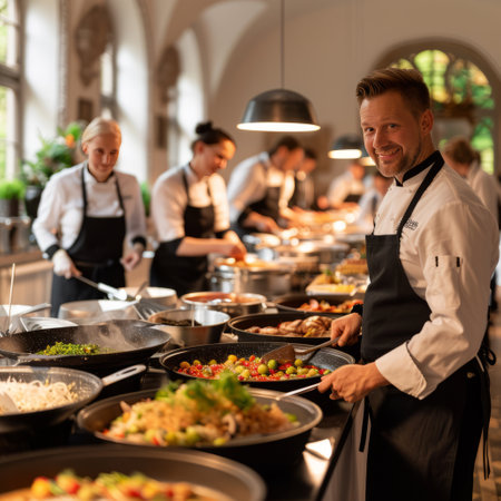 Group of chefs preparing food in the restaurant kitchen. Selective focus.の素材