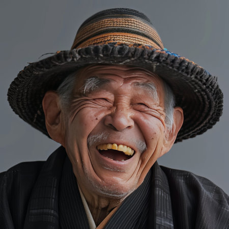 Portrait of a happy senior asian man in hat and suit.の素材