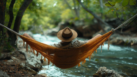 Woman relaxing in hammock near river in forest. Travel and vacation conceptの素材