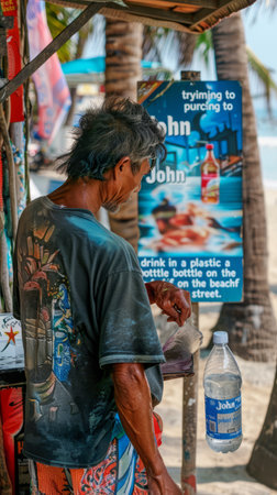 Local man selling food on the beach in Bali, Indonesiaの素材