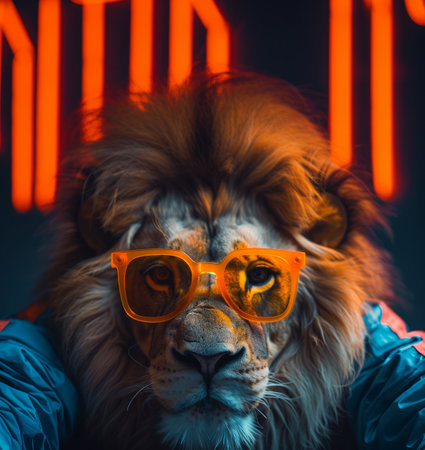 Portrait of a lion with sunglasses on the background of neon lights.の素材