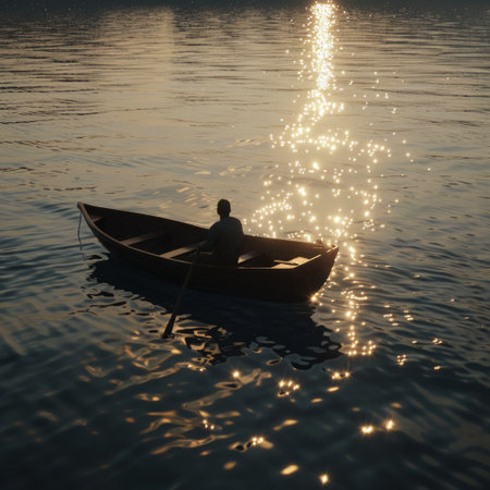 Silhouette of a man in a boat on the lake at sunsetの素材
